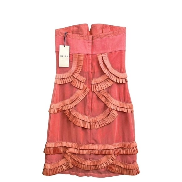 Reiss Strapless Pleated Scalloped Applique Cocktail Dress Coral Pink Size 2 - Picture 2 of 8